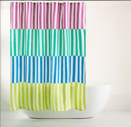 Town & Country Play Adeline Offset Stripe Cotton-Rich Breathable Fabric Shower Curtain with Anti-Rust Grommets, Purple/Green/Blue, 70"x72"