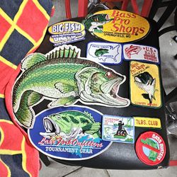 VINTAGE FISHING PATCHES. THE BIG BASS ONE IS REALLY OLD