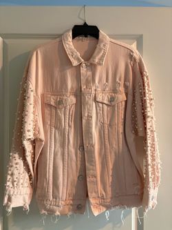 Pink Pearl Embellished Distressed Denim Jacket