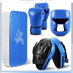 New Foilswirl 5-in-1 Kids Boxing Pads Gloves Kick Punching Mitts Set with 1 Pair of Gloves, 2 Pcs Pads Taekwondo Kick Pad and Head Guard for Youth Beg