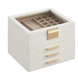 SONGMICS Jewelry Box with Glass Lid 4-Layer Jewelry Organizer 3 Drawers 8 x 9.1 x 6.5 Inches Cloud White