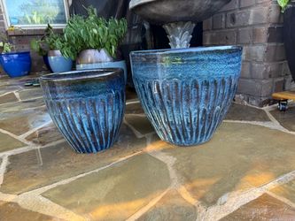 Blue Glazed Ceramic Planters Set of 2