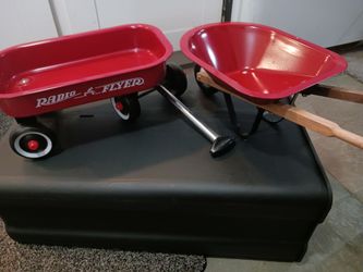 Vintage radio flyer metal wheelbarrow and red wagon