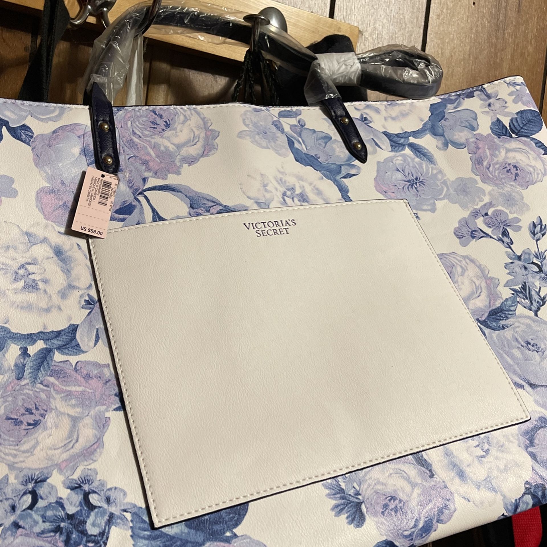 Victoria Secret Tote Bag With Flowers Lavender And White Color With Tags Attached