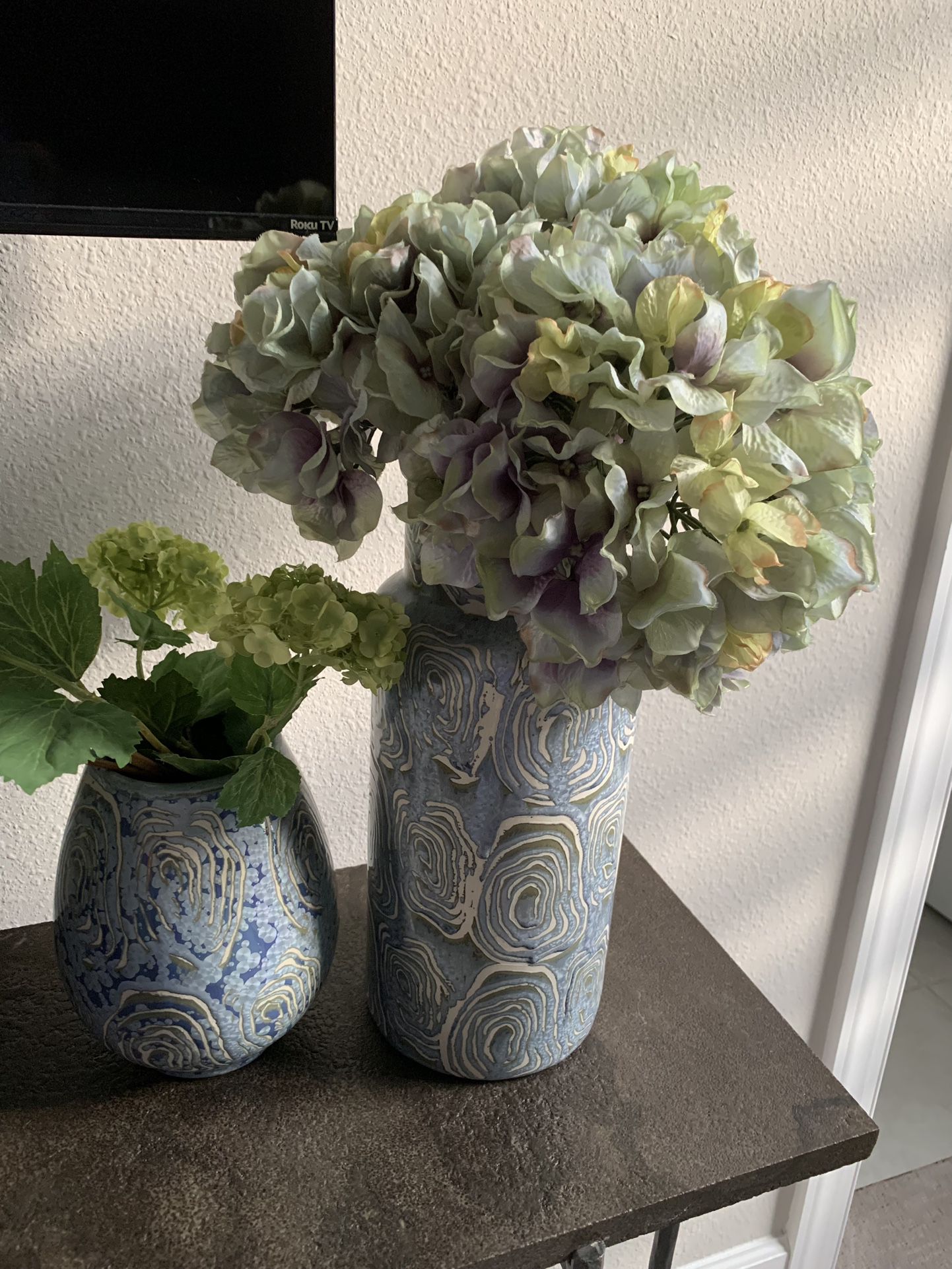 2 Beautiful Pieces Of Pottery In Blue, White And Green