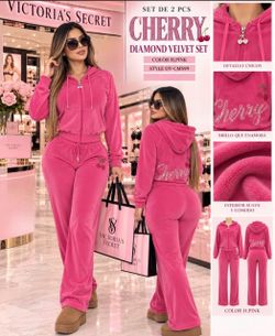 Cherry Diamond Velvet 2-Piece Tracksuit Set