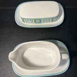 Studio Nova 1990s Country Charm Green Butter Dish & Gravy Boat, Indonesia 