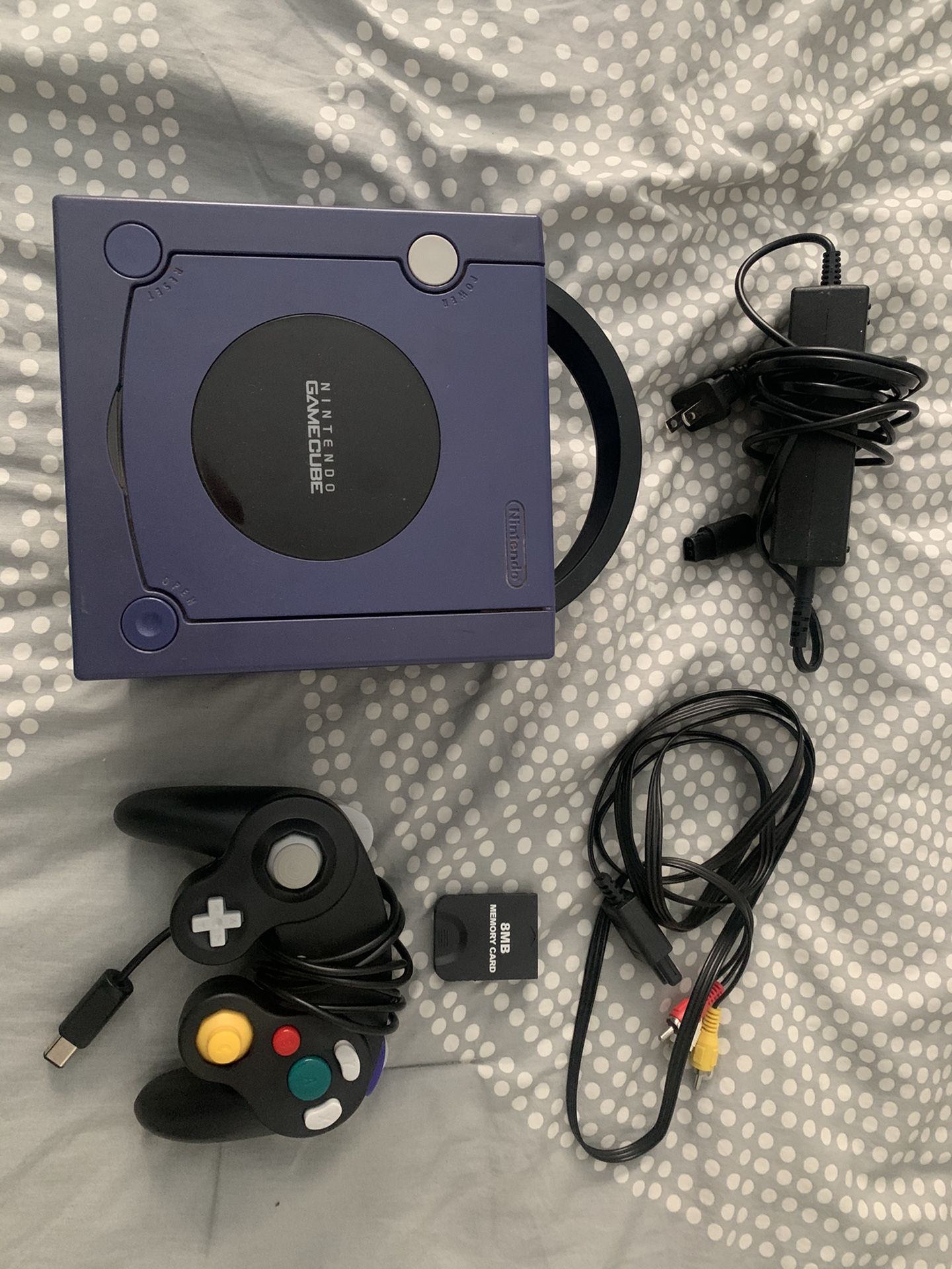 GameCube w/ cables, controller, and memory card.