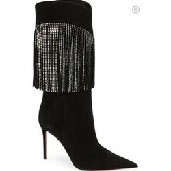 Size 37 Sold Out Rare Amina Muaddi Crystal Fringe Black Boots