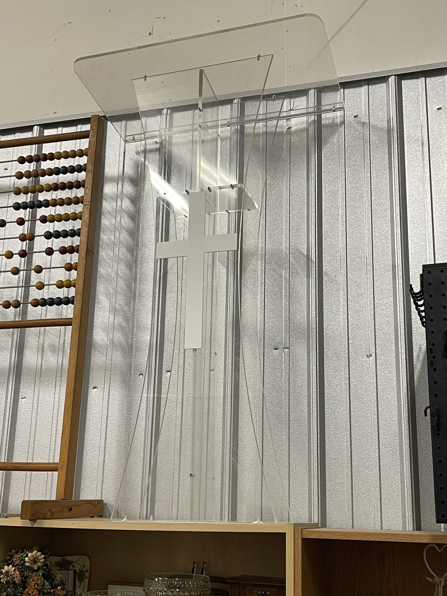 Clear Podium Plexiglass Lecturn Transparent Church Pulpit with Christian Church White Cross Trinity Style