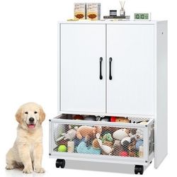 Wooden Dog Wardrobe with Door, Wheels, Drawers and Hangers for Dog Clothes, 2-Layer Pet Closet Storage Cabinet for Living Room Bedroom Dormitory