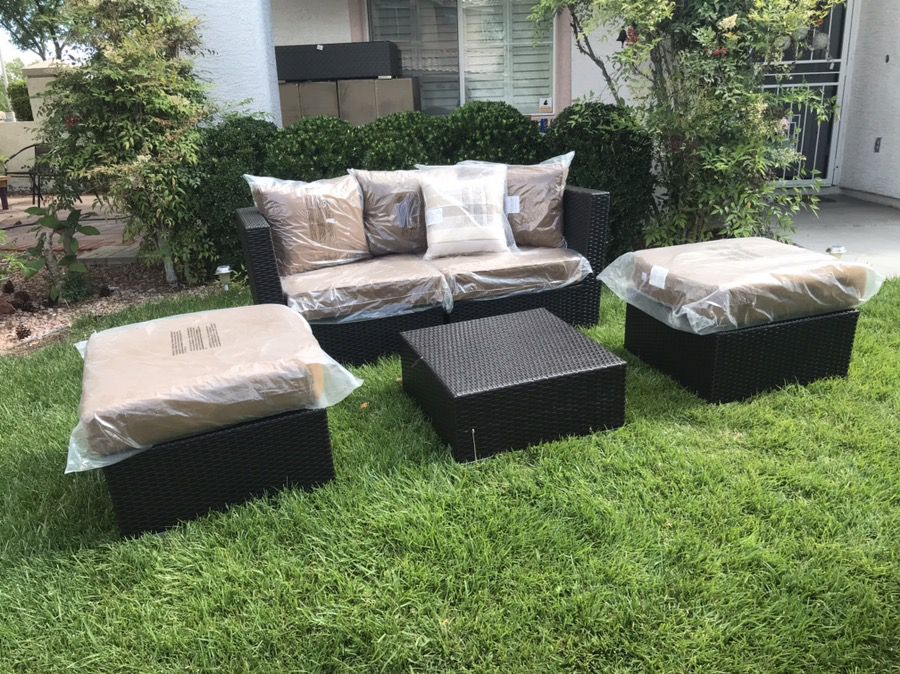 New 5-Piece Dark Brown Wicker Sunbrella® Fabric Patio Furniture Set