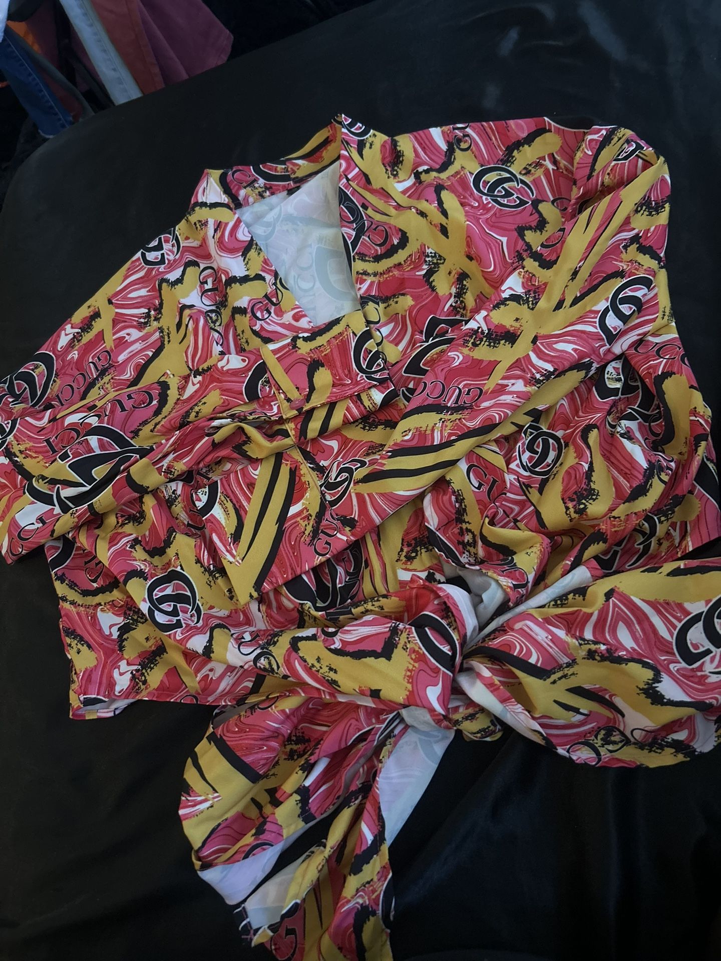 pink and yellow Gucci long sleeve tie shirt, size small