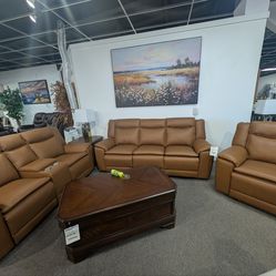 3 Piece Camel Manual Reclining Living Room Set with Console and Wireless Charging