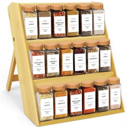 Bambition Bamboo Spice Rack Organizer, 3 Tier Folding Spice Shelf for Cabinet,