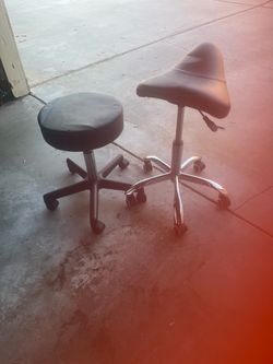 Set of Stools- flat seat and saddle chair.