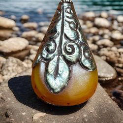 Vintage & Unique Ethnic Traditional Tibetan Amber Resin Pendant With Carving Set In Silver 20grams