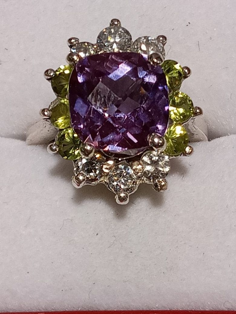 BIG NATURAL AMETHYST AND PERIDOT STERLING SILVER RING! HIGH SHINE STONES! SIZE 61/4