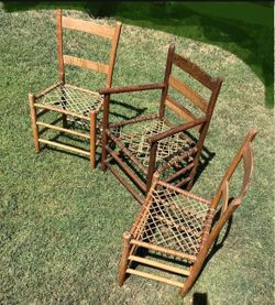 Chairs - Very Nice Vintage Lightweight Leather Mesh Wooden Seating. Please Note: Minor Restoration will be Needed on some chairs. Please Read Below: