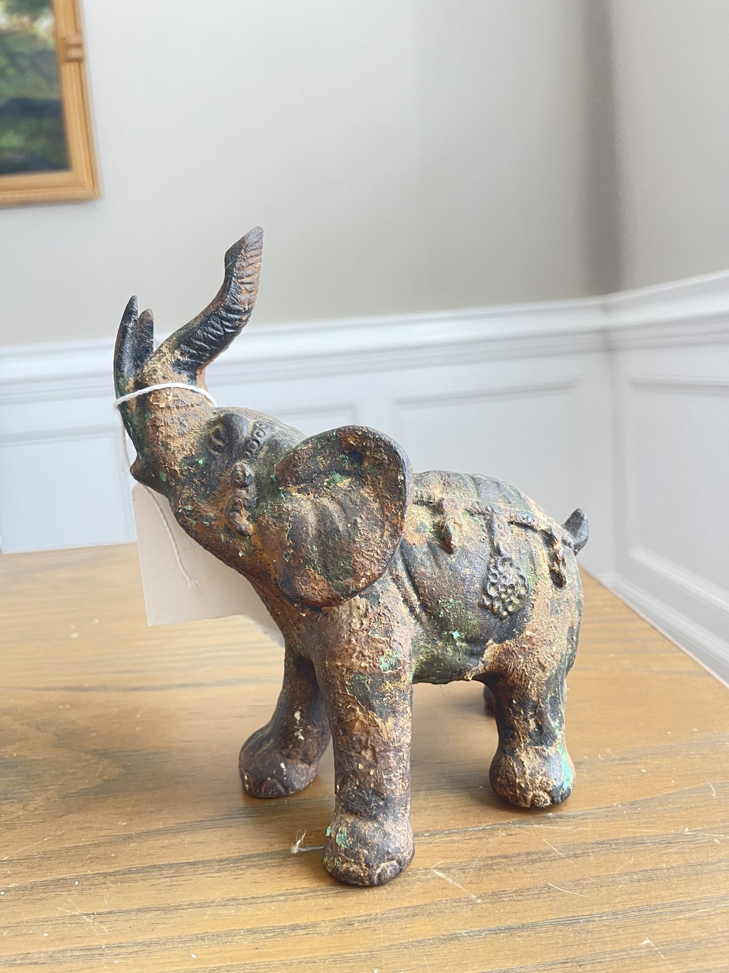 Vintage Cast Iron Elephant Statue w/ Verdigris 1970's 7.5” Tall,5.31 Lb