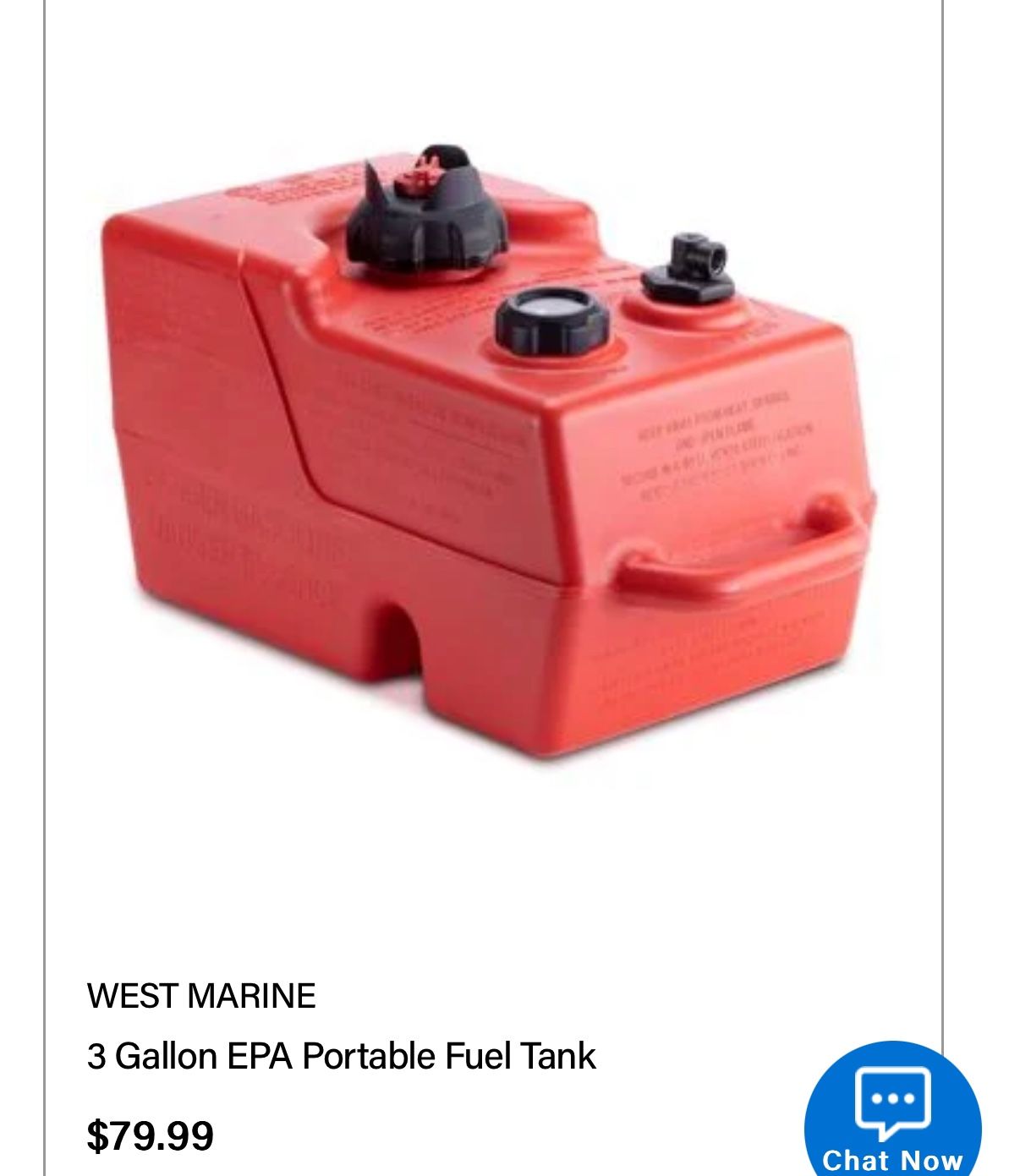 West Marine 3 Gallon Fuel Tank Dinghy Outboad Motor Tender
