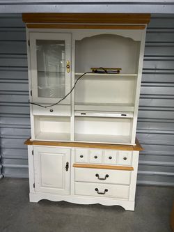 White and Oak Wood China Hutch Cabinet