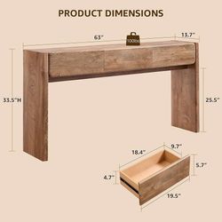 63'' Console Table with 3 Drawers, Farmhouse Entryway Table with Rounded Corners, Console Table Behind Couch for Living Room/Hallway-Light Knotty Oak
