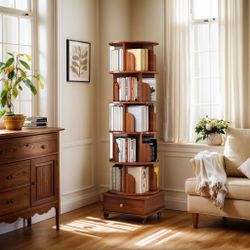 Rotating Bookshelf, 360 Display Corner Bookshelf for Small Space, 6 Tier Bookcase Storage Rack with Wheels, Wood Narrow Organizer for Bedro