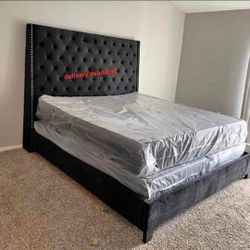 New/Black Velvet King Upholstered Bed Frame Cama//Queen Size Available//Mattress Sold Separately/Financing Options 