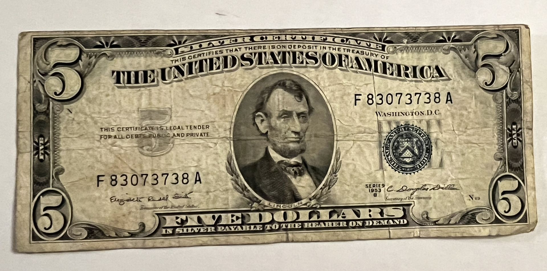 1953 USA $5 Silver Certificate Bill