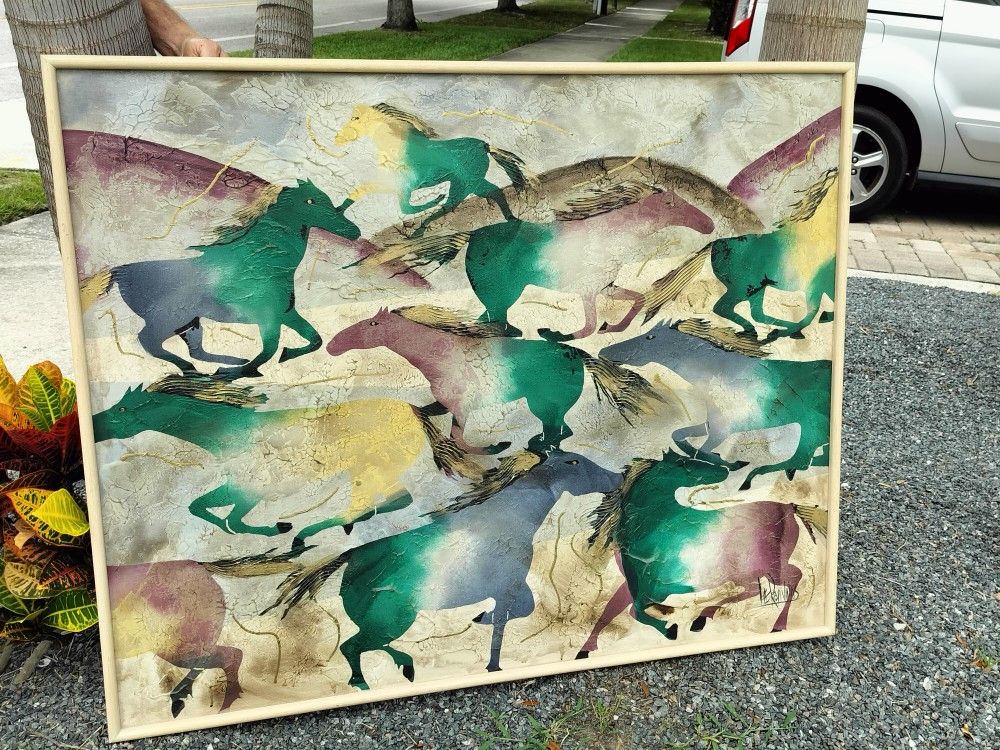 Mid Century Modern Oil on Canvas by Lee Reynolds Burr. Painting is titled “Running Horses”