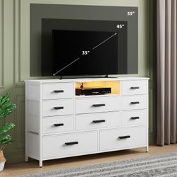 White Dresser for Bedroom with 10 Drawers, Dresser with Charging Station, TV Stand Dresser with LED Light for 55" TV, Fabric Drawer Dresser with PU Fi