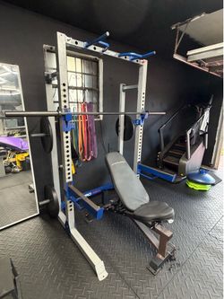 Fitness Gear half rack,bench and bumper plates