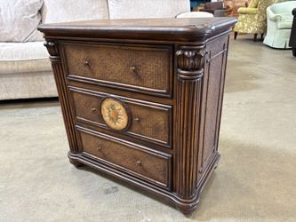 Vintage Petite Pineapple Motif 3 Drawer Nightstand with Woven Paneling and Leather Top