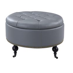 Chic Home Mona PU Leather Modern Contemporary Hidden Storage Button Tufted with Gold Nailhead Trim Castered Legs Round Ottoman, Grey