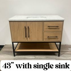 43” Bathroom Vanity Cabinet Single Sink Stone Countertop