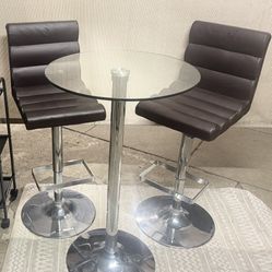 Glass Bar Table + 2 Adjustable Bar Stools + Rolling Cart 