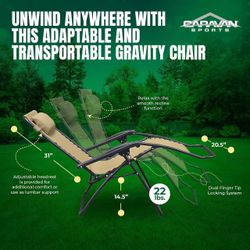 😀 Caravan Sports Zero Gravity Outdoor Portable Folding Camping Lawn Deck Patio Pool Recliner Lounge Chair for Adults, Adjustable Headrest, Beige