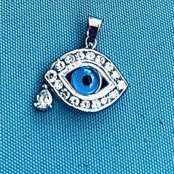 18k White Good Evil Eye Pendant With CZ