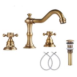 GGStudy 8 inch 2 Handles 3 Holes Widespread Bathroom Sink Faucet Antique Brass Bathroom Vanity Faucet Basin Mixer Tap Matching Metal Pop Up Drain with