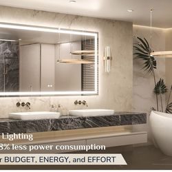 LED Bathroom Mirror with Light 60 x 36 Inch, Frontlit & Backlit Vanity Mirrors with 3 Color Lights, Large Stepless Dimmable Mirror with Anti-Fog, HD T