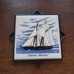 Vintage Canadian Bluenose Schooner Ceramic Wall Tile Plastic Trivet Frame
