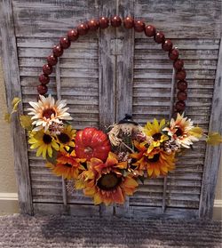 16in Fall beaded wreath-handmade artificial sunflowers, pumpkin, scarecrow