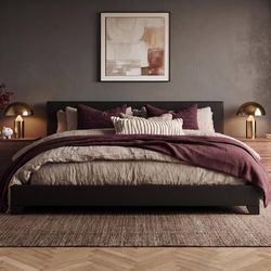 King Size PU Leather Upholstered King Size Bed Frame with Headboard,Black Adjustable Low-Profile Platform Bed, Minimalist Design, Stable Mattress Foun