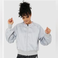Adidas Glam On Bomber Jacket Gray with Ribbed Accents ptp 22” 