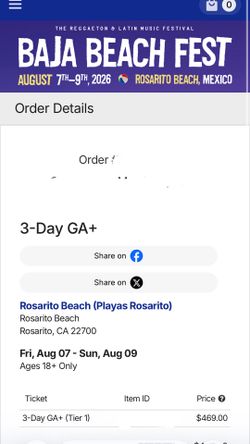 3 day GA+ Baja Beach Fest Ticket
