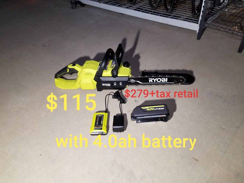 ryobi 40v chainsaw with large 4.0ah battery and charger $279+tax retail