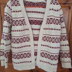 Talbots Cream/Off White & Red Print Open Cardigan Holiday women's size S-M