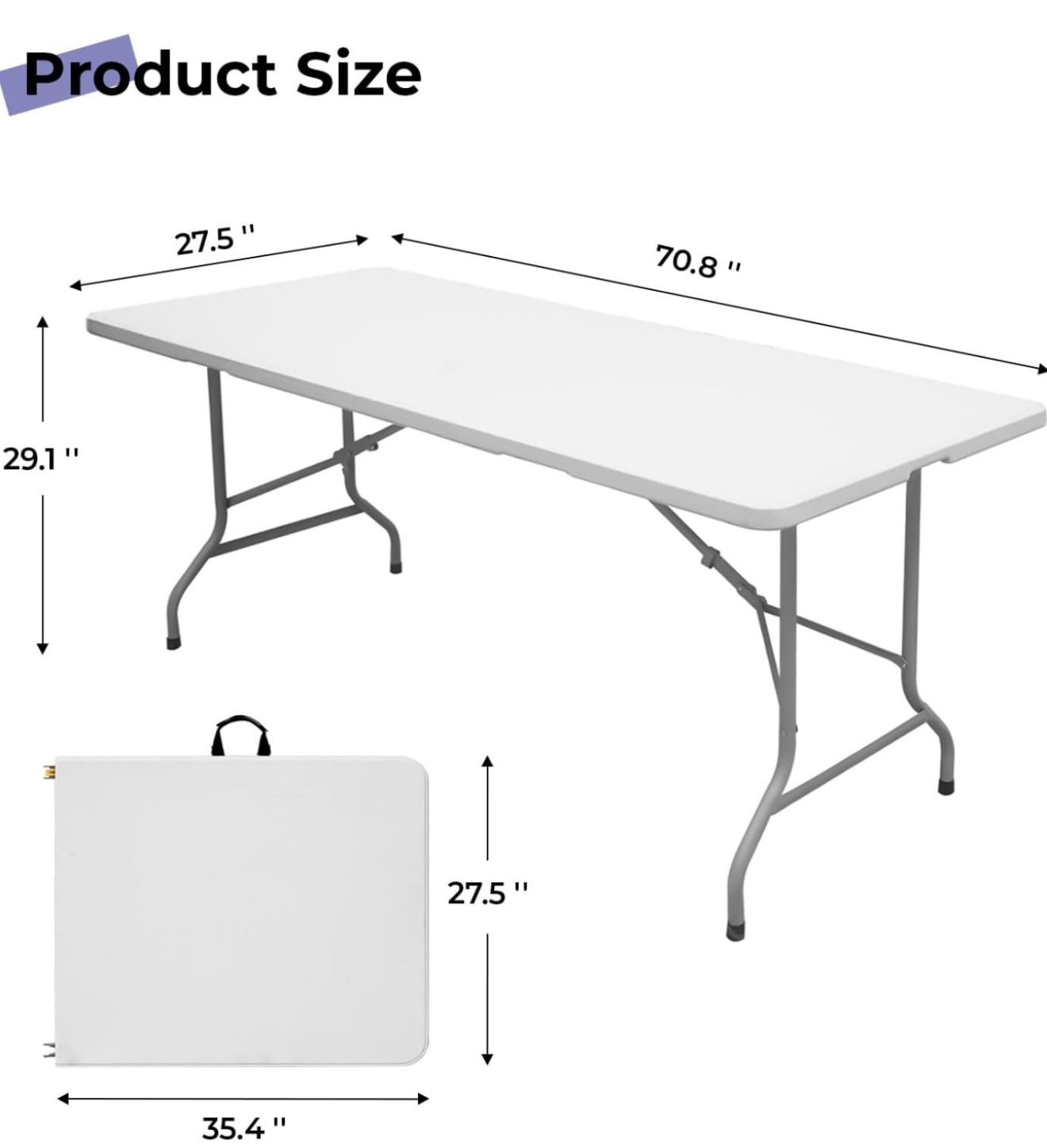 Folding Table 6ft Portable Heavy Duty Plastic Fold-in-Half Utility Foldable Table Plastic Dining Indoor Outdoor for Camping, Picnic and Party, White