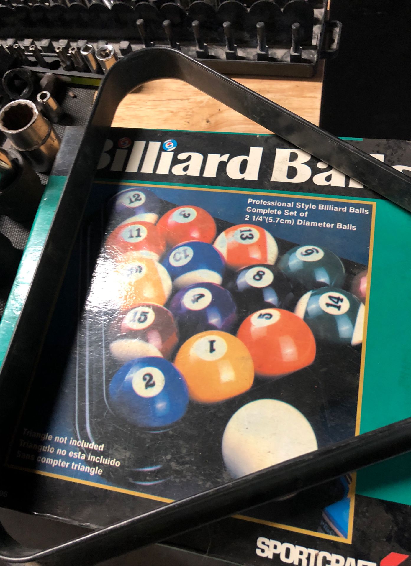 Pool table balls and rack